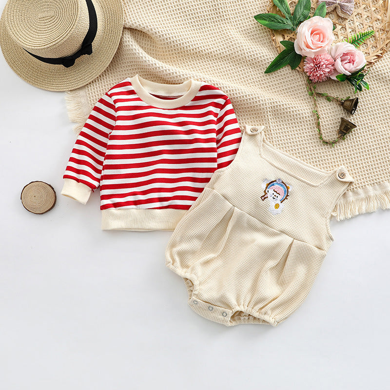 Baby Striped Pattern Shirt Combo Cartoon Graphic Corduroy Fabric Strap Onesies Sets