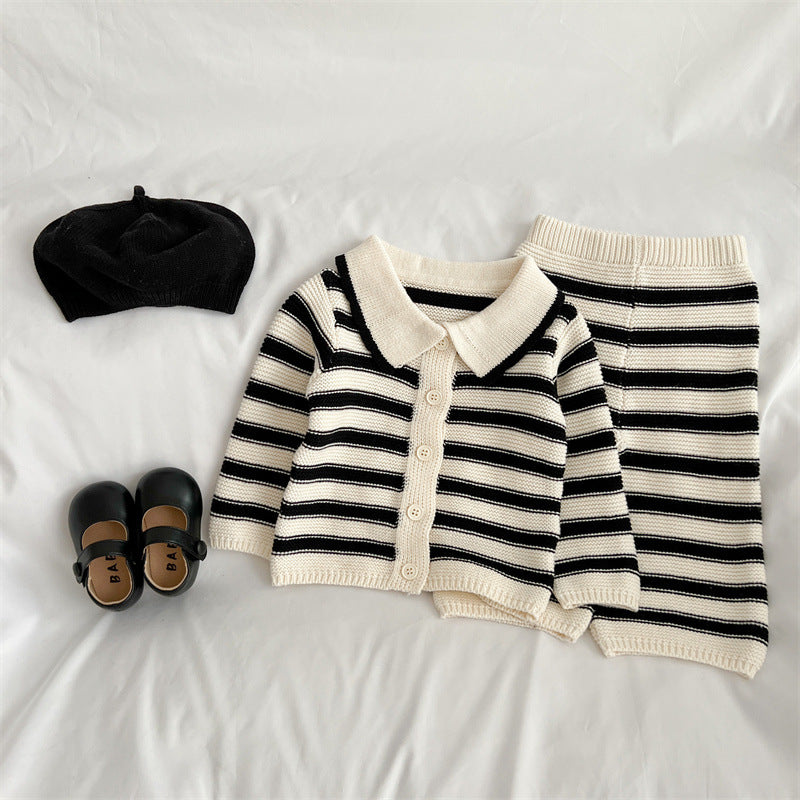 Baby Striped Pattern Lapel Knitted Cardigan With Pants Sets