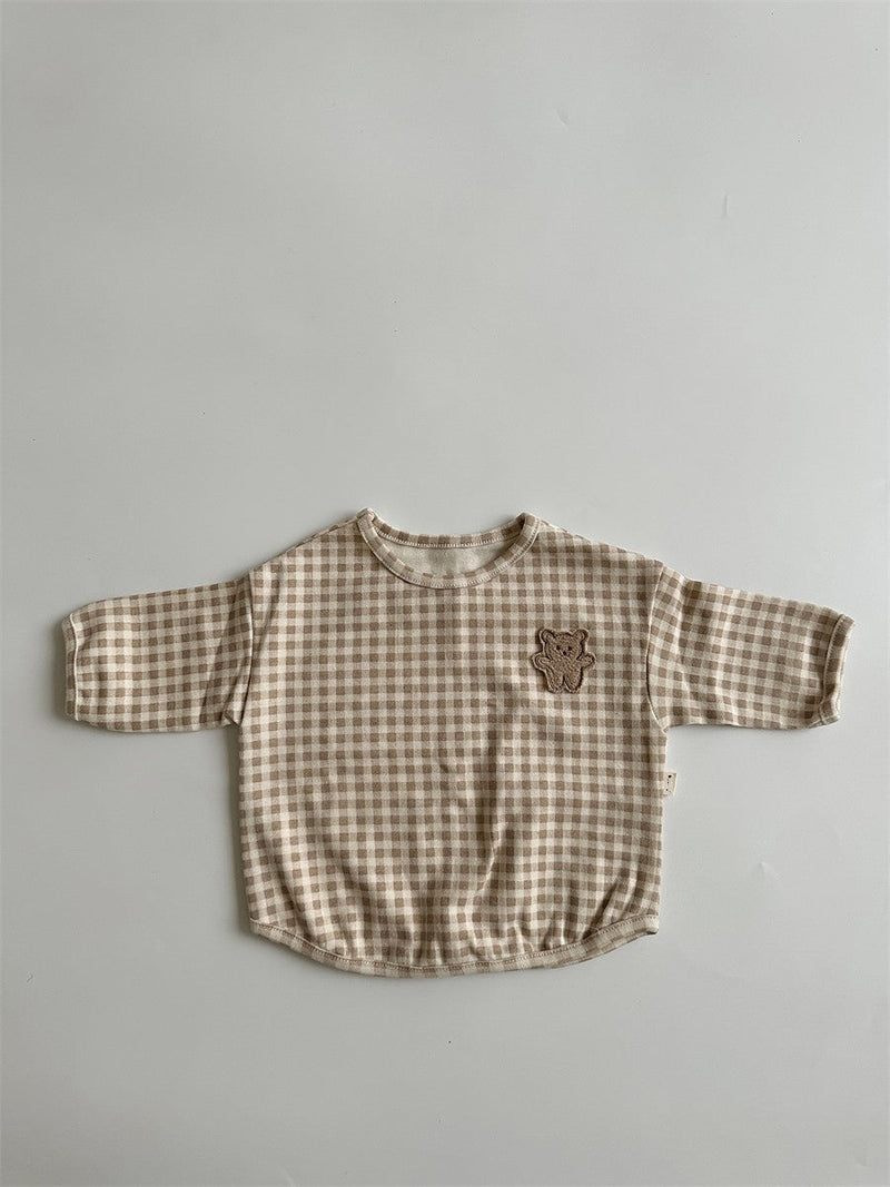 Baby Dot Pattern Cartoon Bear Patched Design Cotton Shirt