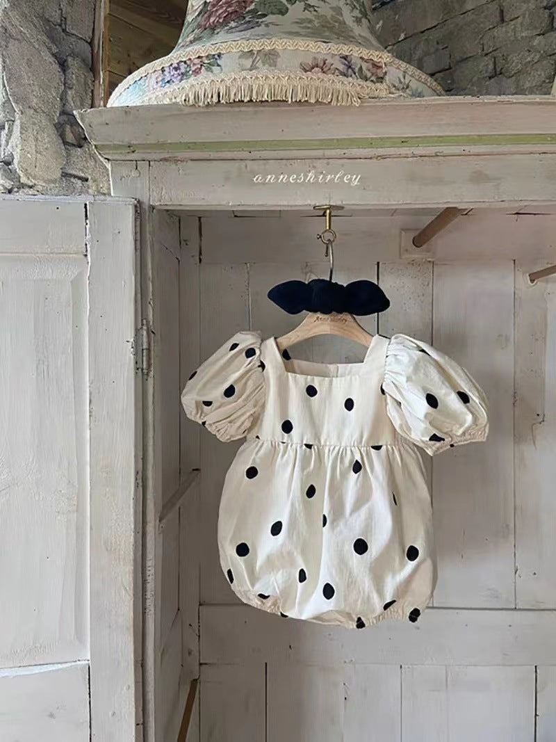 Baby Girl Polka Dot Pattern Square Collar Puff-Sleeved Onesies