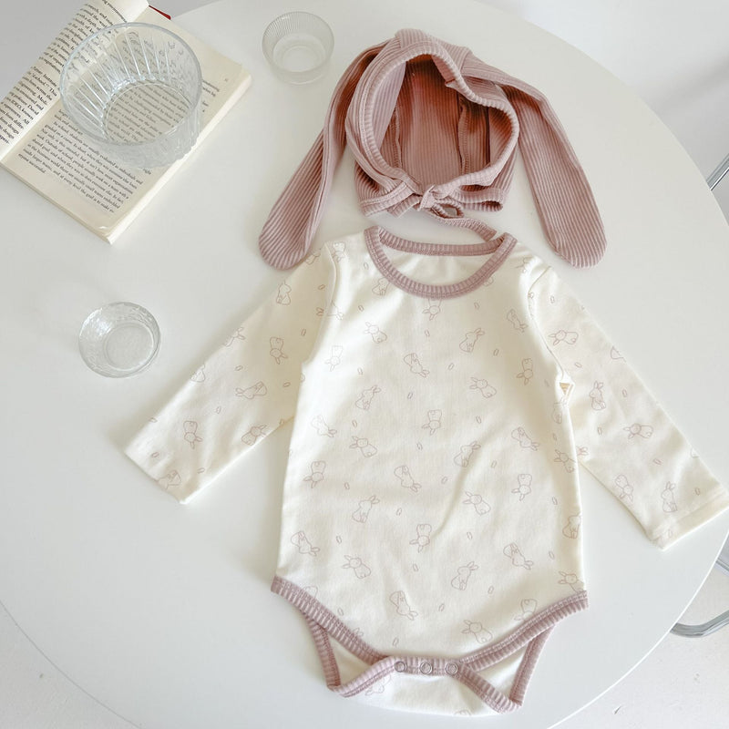 Baby Cute Bunny Graphic Long Sleeves Soft Cotton Bodysuit & Hat