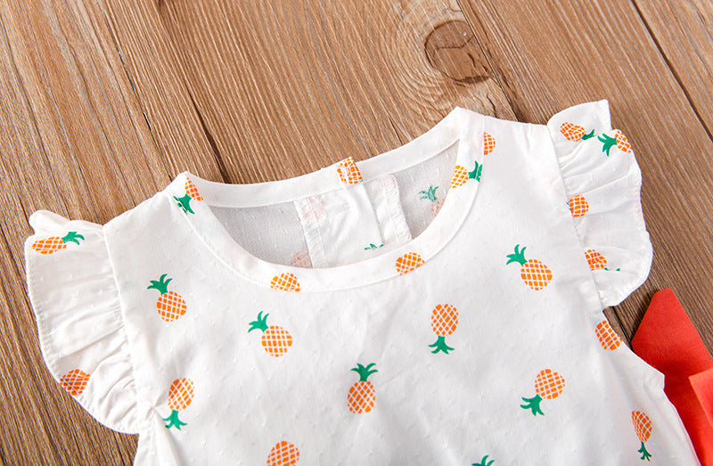 Baby Girl Fruit Print Drawstring Design Round Neck Onesies