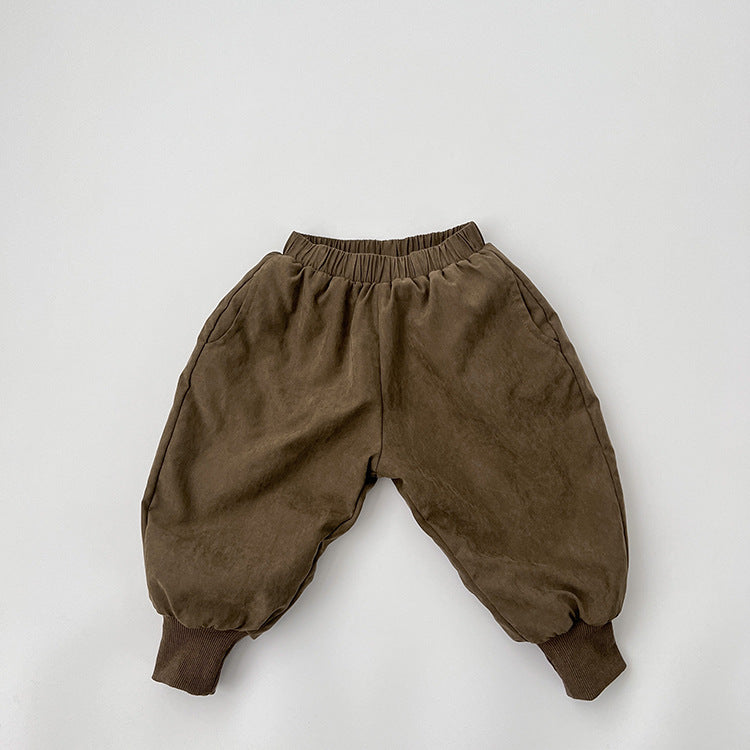 Baby Solid Color Thickened Lambswool Drawstring Casual Trousers