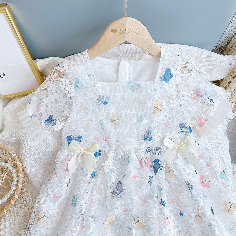 Baby Girl Butterfly Print Lace Patchwork Design Square-Collar Dress