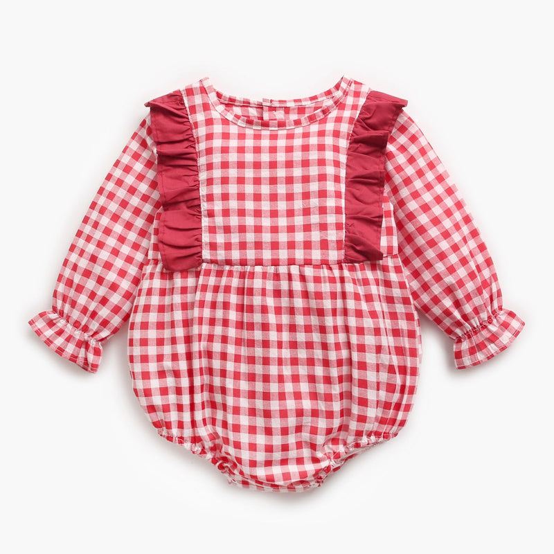 Baby Girl 1pcs Plaid Pattern Ruffle Design Puff Sleeve Bodysuit