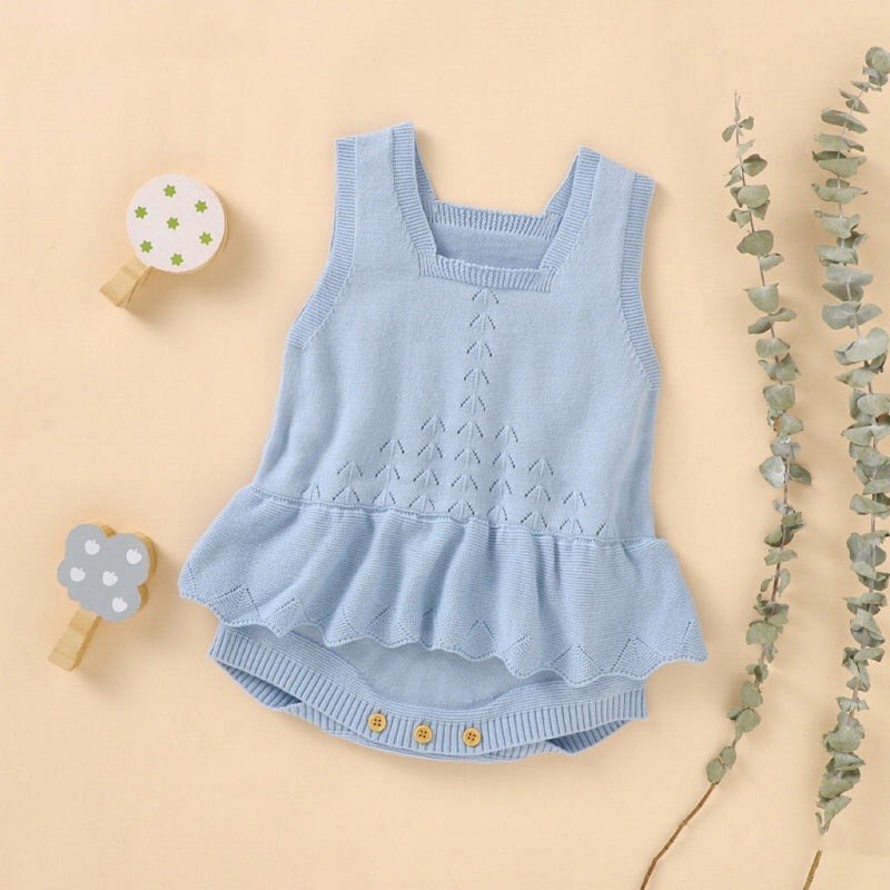 Baby Girl 1pcs Hollow Carved Design Square Neck Ruffle Deisign Knitted Onesies