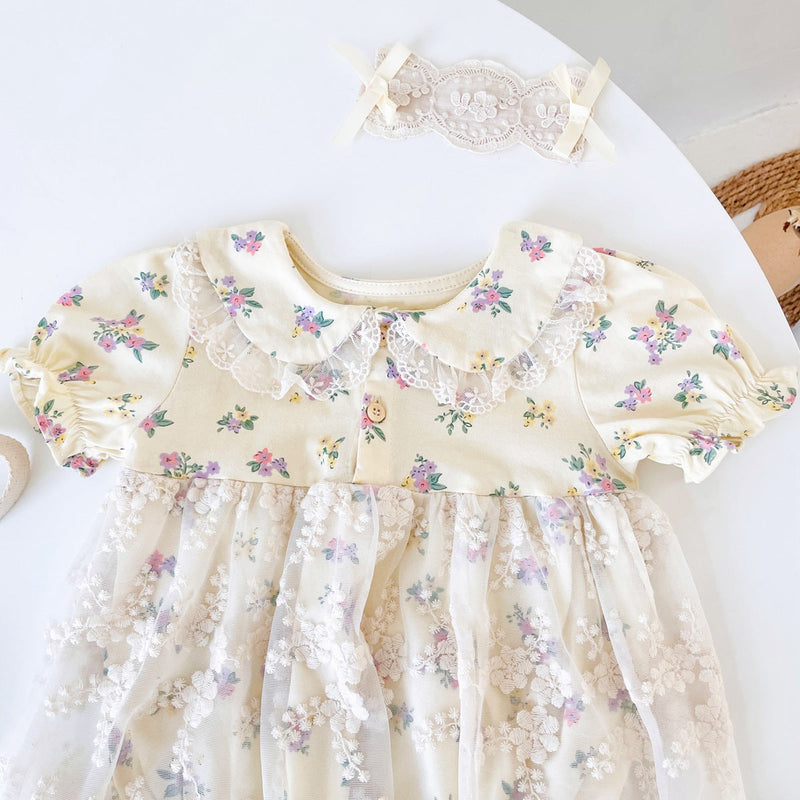 Baby Girls Floral Print Embroidered Lace Patchwork Design Doll-Neck Onesies Dress