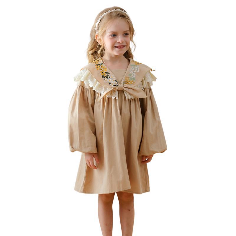 Arrival Autumn Girls Artsy Flowers Embroidery Pattern Collar Long Sleeves Stylish Dress