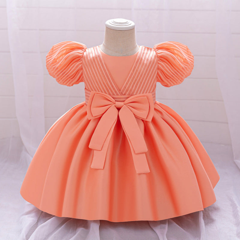 New Design Summer Baby Kids Girls Short Sleeves Striped Pattern Bow Tied Dress