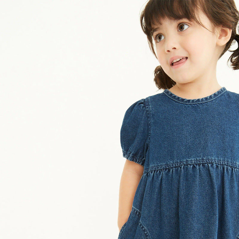 Baby Girl Solid Color Puff Sleeve Loose Denim Dress