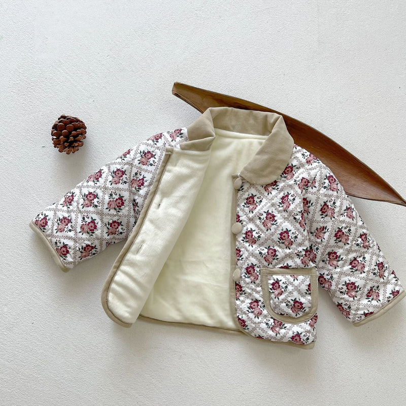 Baby Floral Print Pattern Quilted Warm Padded Jacket In Winter