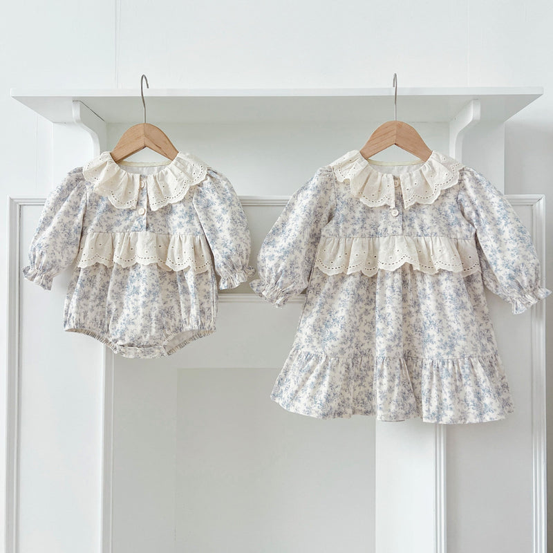 Spring Baby Girls French-style Floral Long-sleeved Onesies and Dress – Princess Sister Matching Set