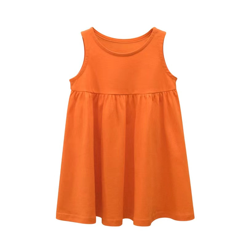 Baby Girls Solid Round Collar Design Sleeveless Dress In Summer