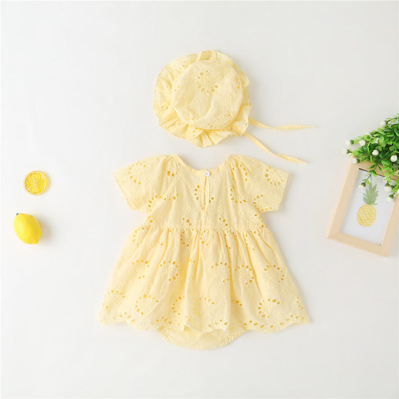 Baby Girl 1pcs Solid Color Hollow Carved Design Bow Onesies Dress