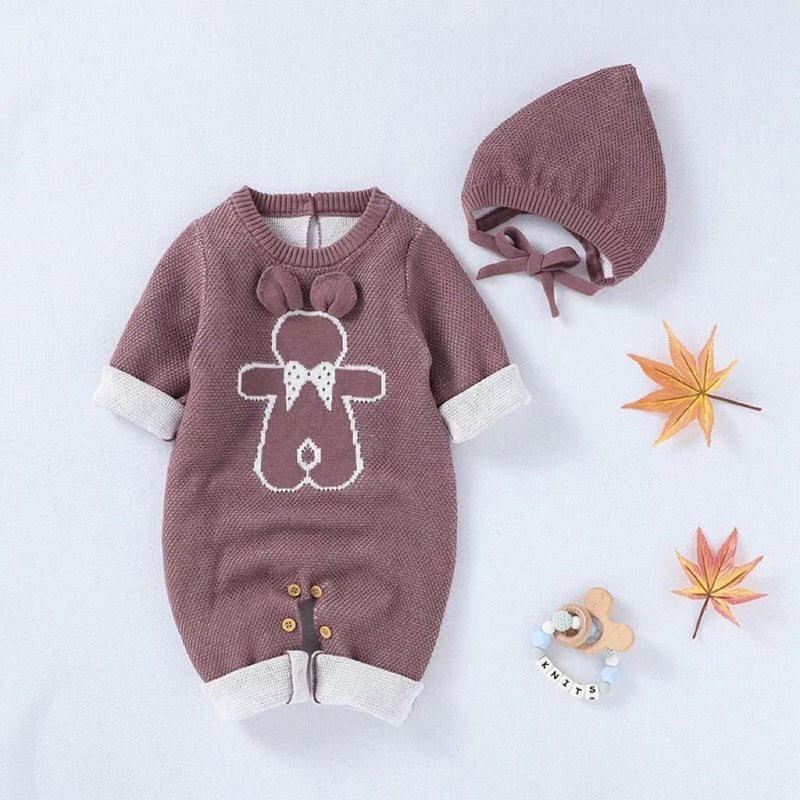 Baby Cartoon Bunny Embroidered Graphic Solid Warm Rompers With Hat