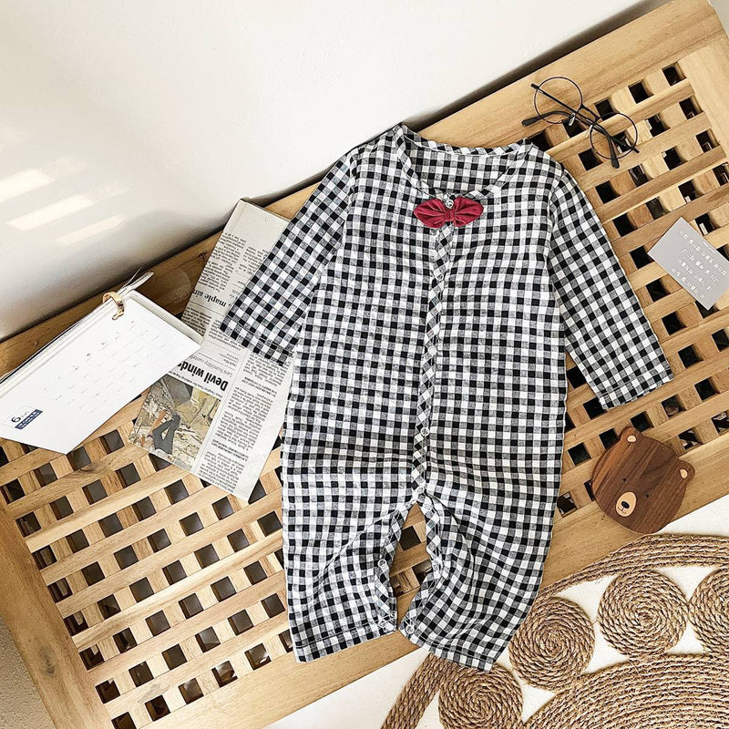 Baby Boy Plaid Pattern Bow Patched Design Cotton Jumpsuit