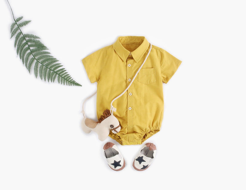 Baby Boy Solid Color Buttoned Shirt With Pockets Short Sleeve Onesies Online In Summer