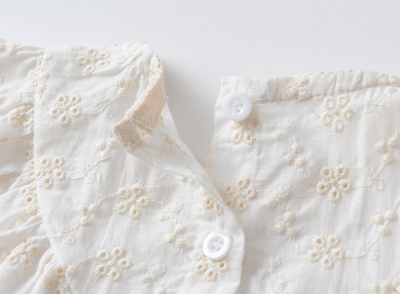 Baby Girls Lace Embroidery Round Collar Fly And Short Sleeve Onesies With Bottons