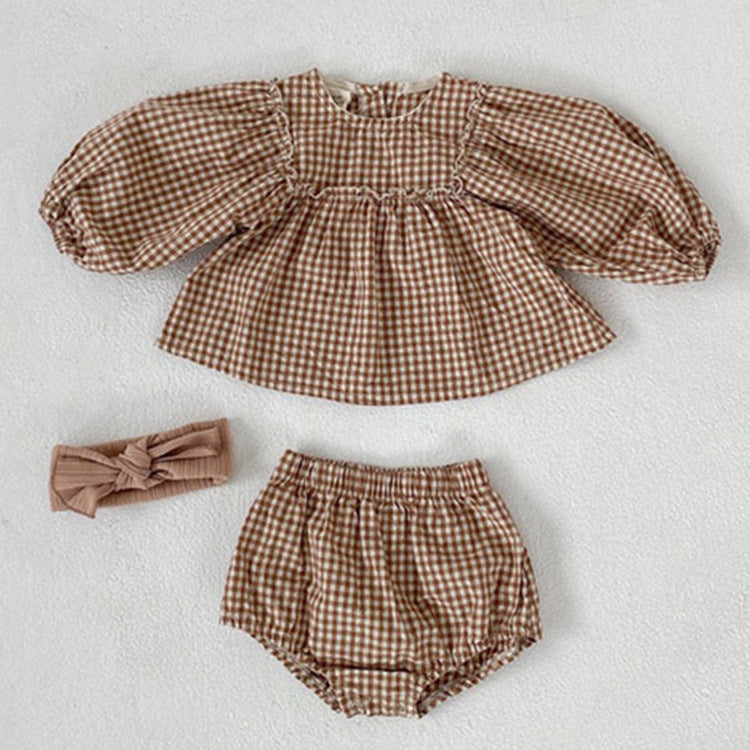 Baby Girl Plaid Pattern Loose Blouses WIth Shorts Headband 3 Pieces Sets