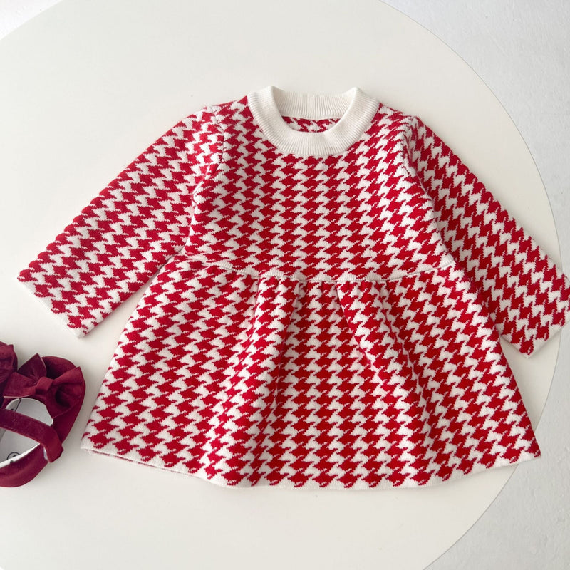 Baby Girl Hounds tooth Pattern Loose Long Sleeve Thickened Dress