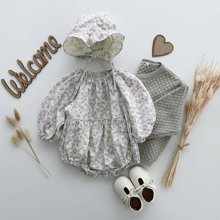 Baby Ditsy Flower Graphic Long Sleeves Flesh Style Cotton Bodysuit With Hat