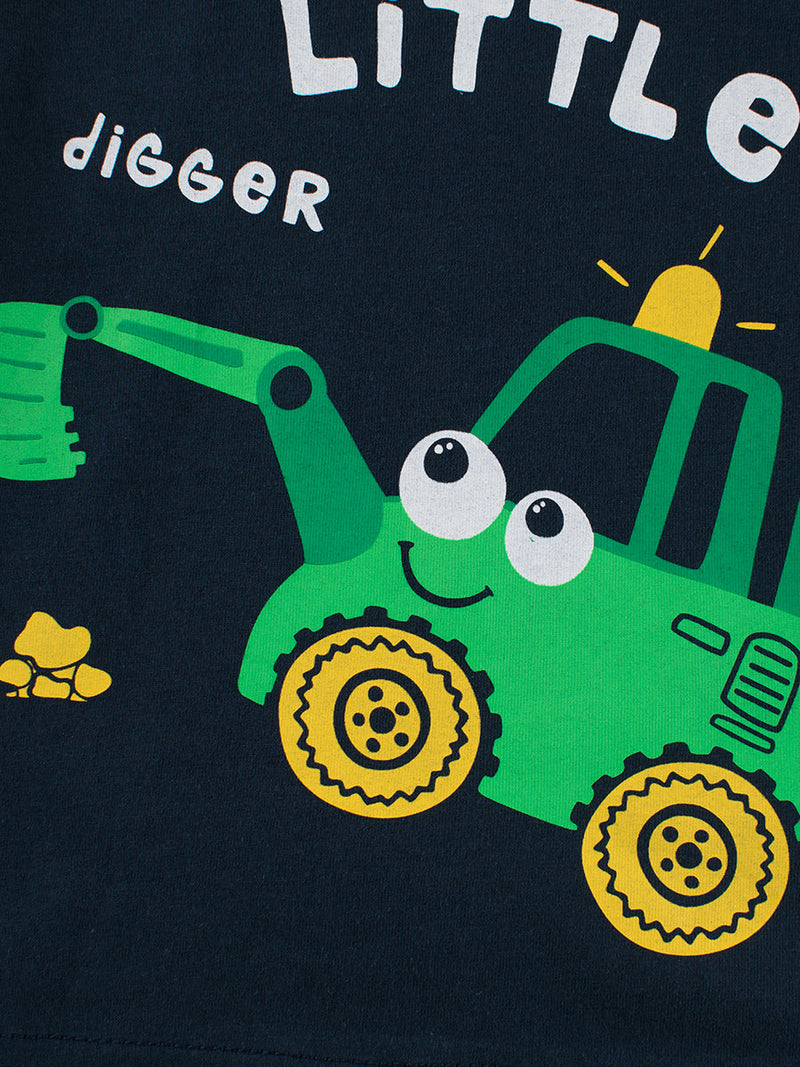 Boys’ Cartoon Excavator Print T-Shirt In European And American Style