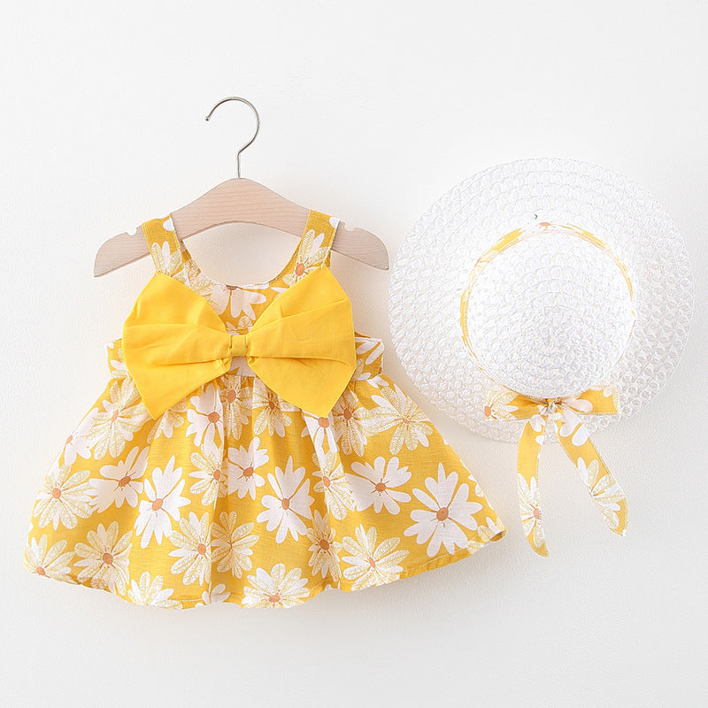 Baby Flower Pattern Bow Patched Design Sling Dress In Summer With Hat