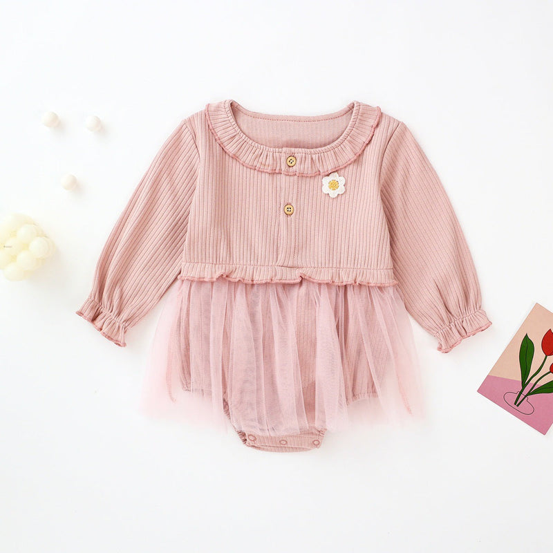 Baby Girl 1pcs Floral Patched Pattern Mesh Overlay Design Onesies Dress