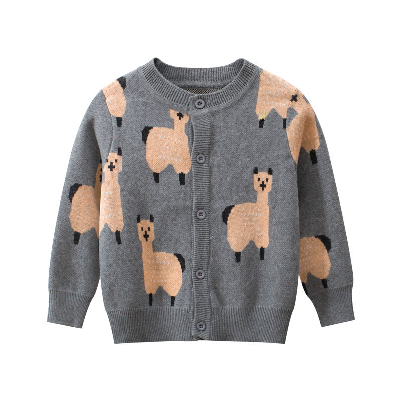 Baby Boy Cartoon Llama Embroidered Pattern Button Front Knitted Cardigan