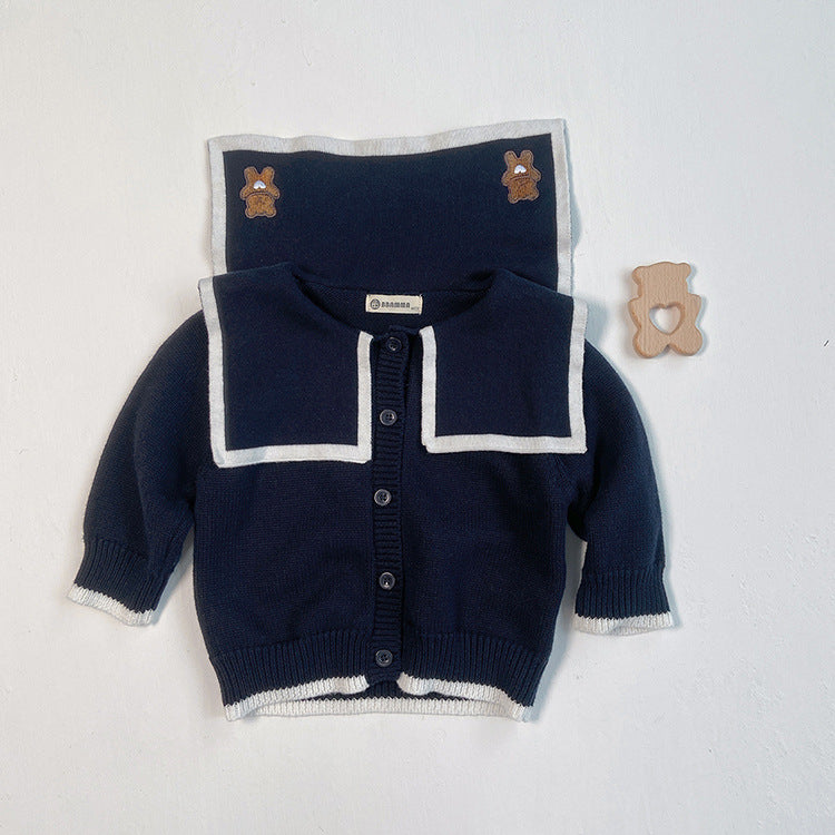 Baby Girl Bear Embroidery Graphic Single Breasted Design Lapel Cardigan