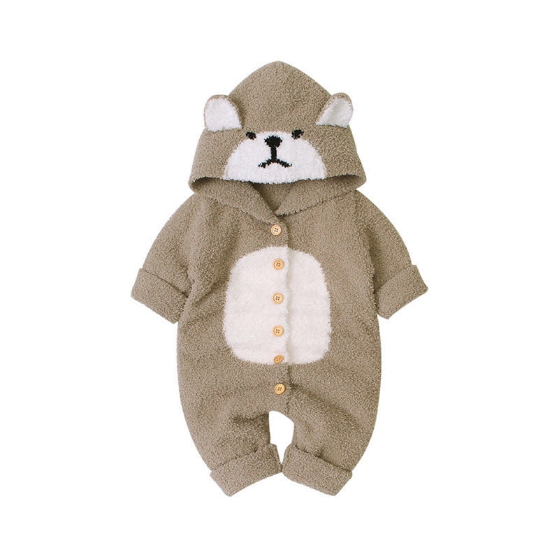 Baby Cartoon Bear Style Button Front Design Long Sleeve Plush Rompers