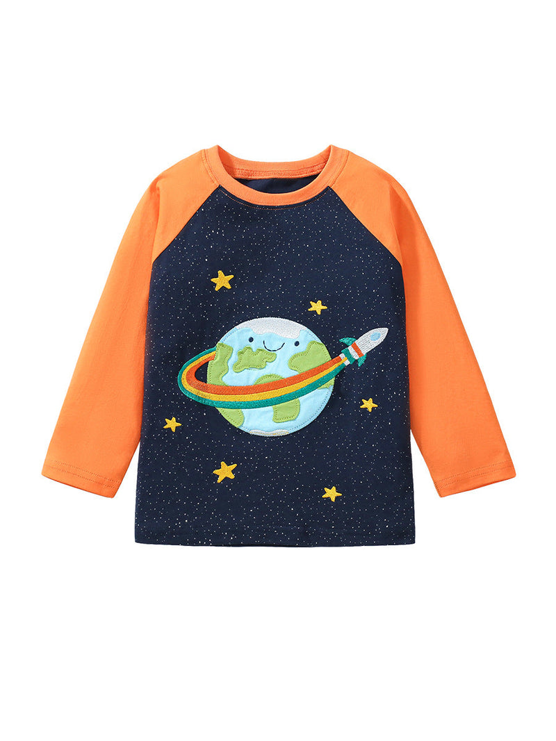 Arrival Autumn Kids’ Rocket And Universe Cartoon Pattern Appliqué Embroidery Long Sleeves T-Shirt In European And American Style