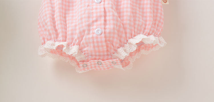 Baby Girl Plaid Pattern Lace Patchwork Design Bubble Short-Sleeved Onesies With Buttons