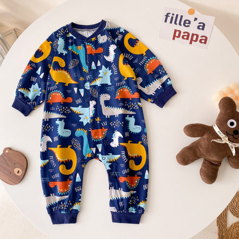 Baby Boy Cartoon Animals Graphic Snap Button Front Design Long Sleeved Romper Jumpsuit