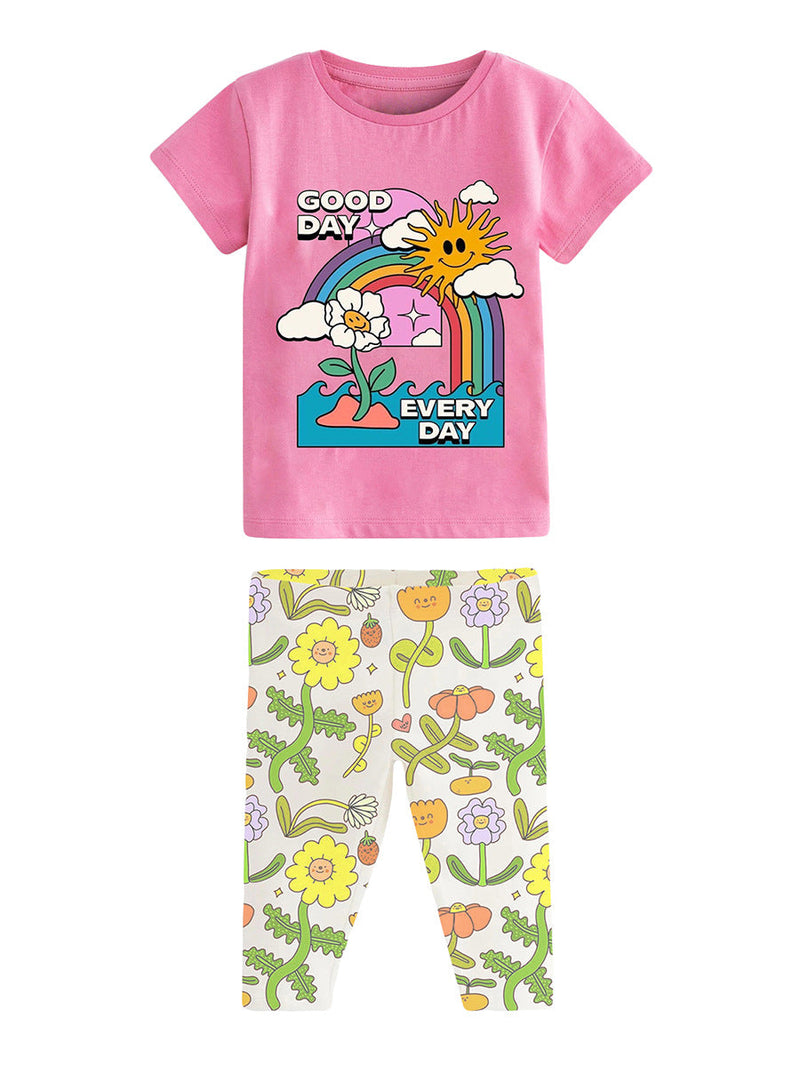 Girls Sunny Day Cartoon T-Shirt And Floral Capri Pants Set