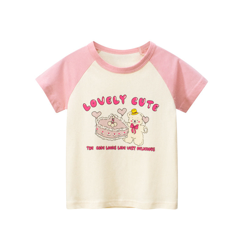 Baby Girl Lovely Cake Bear Print Color Matching Sleeves Design Summer T-Shirt