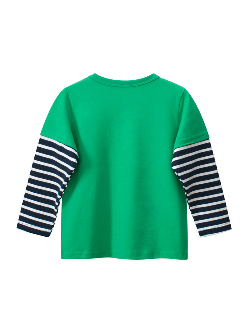 Spring Arrival Kids Girls Cartoon Print Crew Neck Striped Long Sleeves Color Patchwork Top