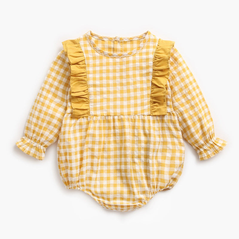 Baby Girl 1pcs Plaid Pattern Ruffle Design Puff Sleeve Bodysuit