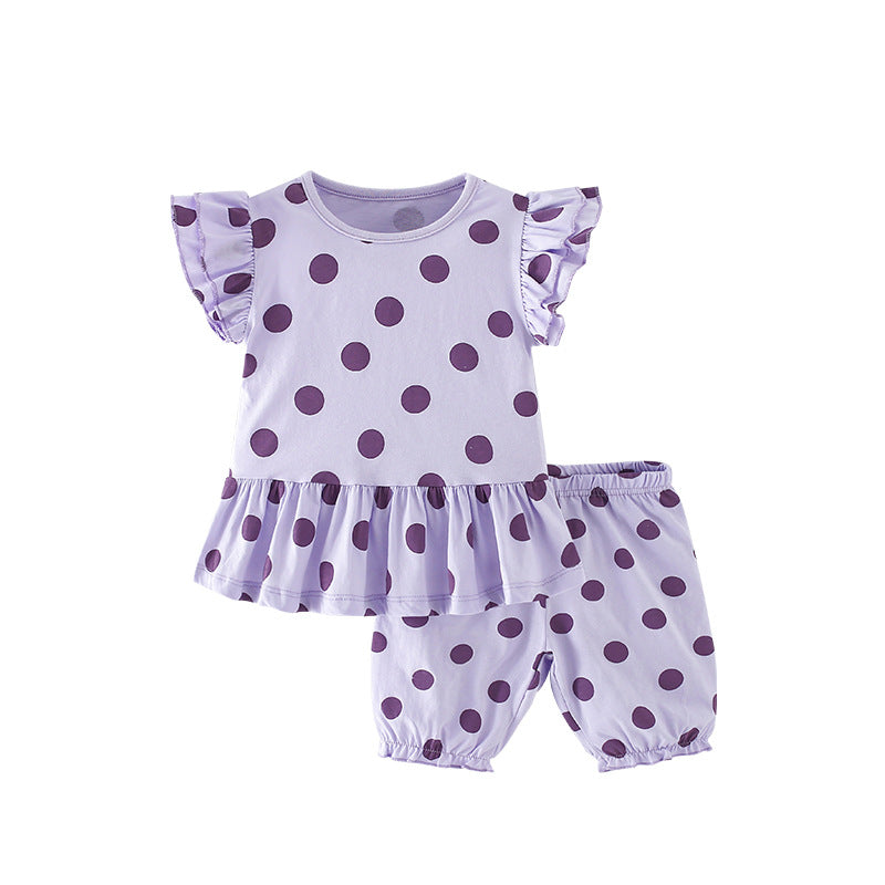 Summer Baby Kids Girls Purple Polka Dots Top And Shorts Clothing Set