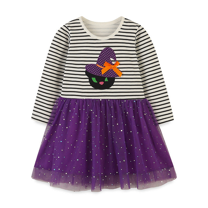 Striped Embroidered Tulle Dress: Halloween Edition For Girls