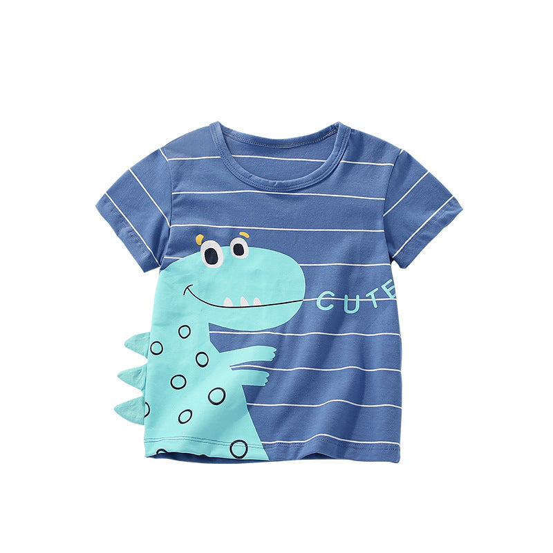 Boys’ Cute Dinosaur Cartoon Pattern Striped Short Sleeves T-Shirt In European And American Style For Summer