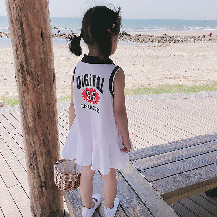 Summer Baby Girls Hot Selling Sleeveless Turndown Collar Sport Design Letters Print Dress