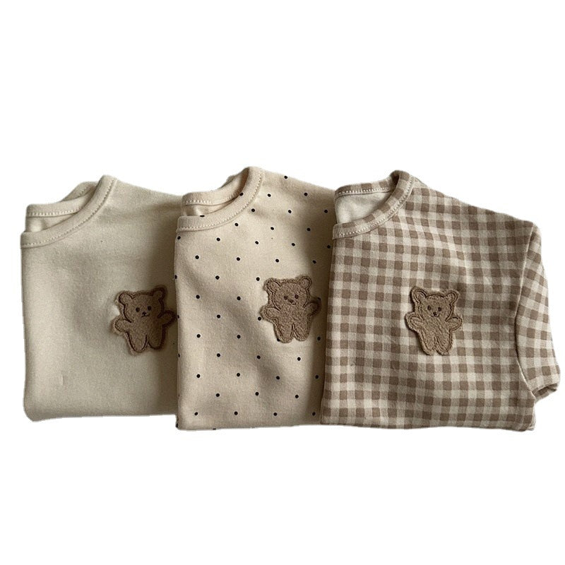 Baby Dot Pattern Cartoon Bear Patched Design Cotton Shirt