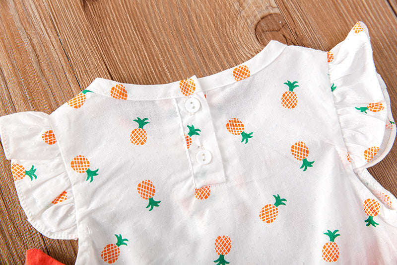 Baby Girl Fruit Print Drawstring Design Round Neck Onesies