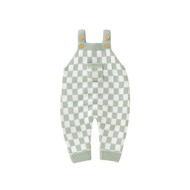 Baby Checkerboard Pattern Strap Design Knit Spring Autumn Rompers