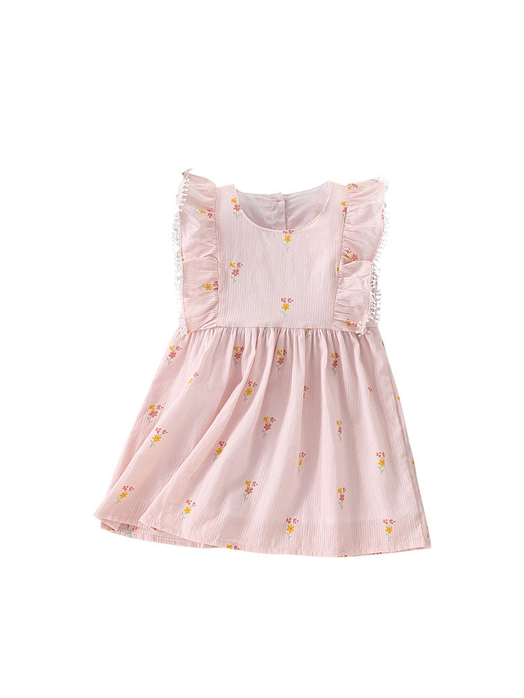 Summer New Arrival Baby Kids Girls Sleeveless Floral Print Round Neck Pink Dress