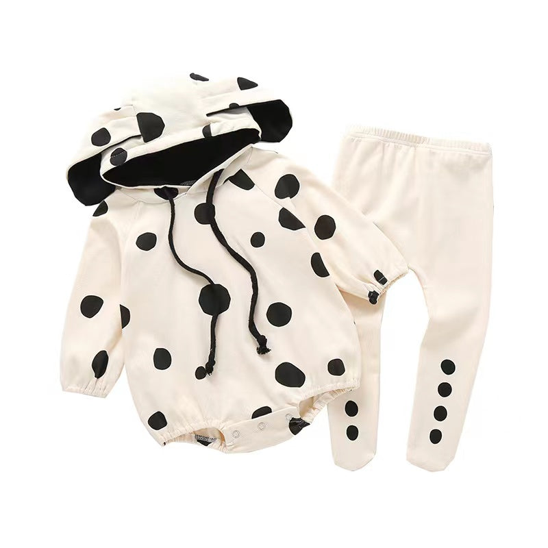 Baby Polka Dot Pattern Onesies With Hat Combo Solid Trousers Sets