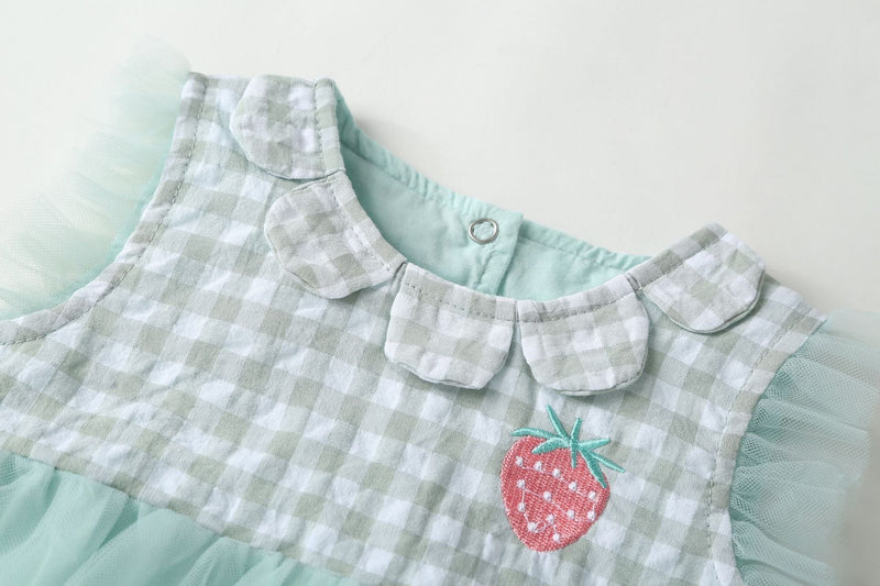 Baby Girl 1pcs Plaid Graphic Strawberry Embroidery Mesh Overlay Floral Neck Dress