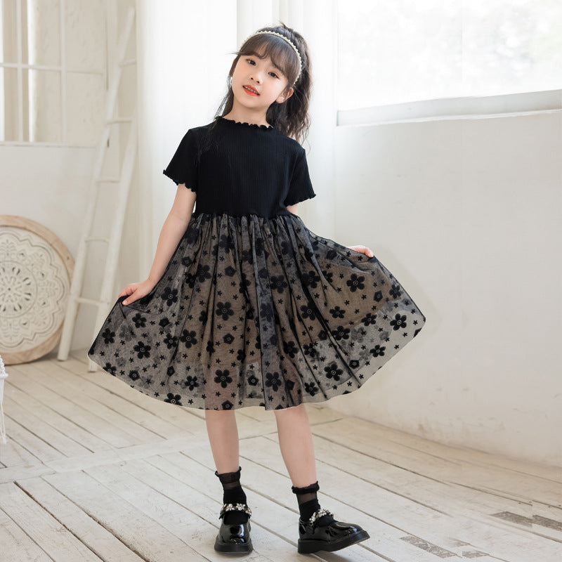 Solid Black Short Sleeve Mesh Dress For Children Girl