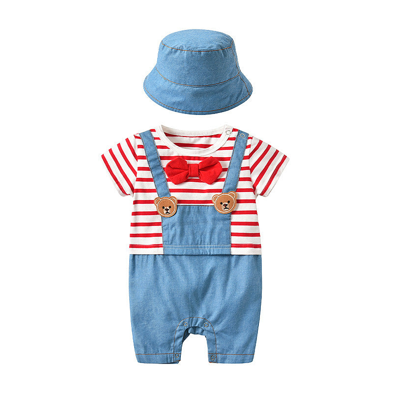 Baby Striped Graphic Cartoon Bear Patched Bow Tie False 1-Pieces Strap Jumpsuit